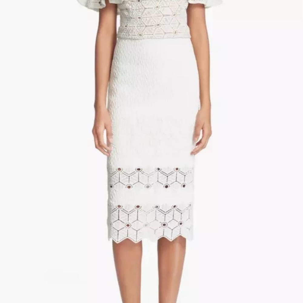 REBECCA TAYLOR Dia High Waist Midi White Lace Pencil Skirt 6